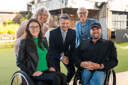 From left: TAC Client Emily Quattrocchi, Nina Taylor MP, Deputy Premier Hon Ben Carroll, TAC CEO Tracey Slatter, Dylan Alcott AO