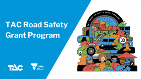 A colourful animation in blues, greens, browns and rust showing a busy scene with roads, cars, push bikes, stop lights, speed signs and people. TAC and State Government logo at the bottom
