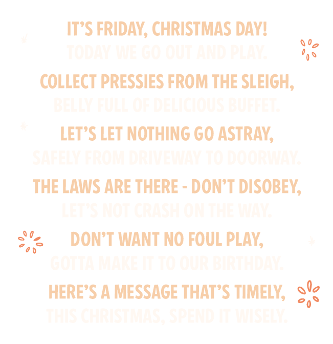 IT’S FRIDAY, CHRISTMAS DAY!
TODAY WE GO OUT AND PLAY.
COLLECT PRESSIES FROM THE SLEIGH,
BELLY FULL OF DELICIOUS BUFFET.
LET’S LET NOTHING GO ASTRAY,
SAFELY FROM DRIVEWAY TO DOORWAY.
THE LAWS ARE THERE - DON’T DISOBEY,
LET’S NOT CRASH ON THE WAY.
DON’T WANT NO FOUL PLAY,
GOTTA MAKE IT TO OUR BIRTHDAY.
HERE’S A MESSAGE THAT’S TIMELY,
THIS CHRISTMAS, SPEND IT WISELY.