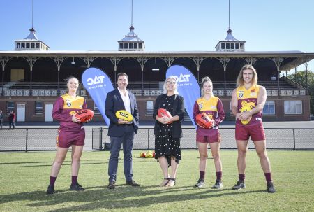 two women footballers, one male footballer, the head of ALF Victoria and a representative from TAC.