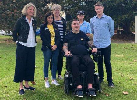 Pictured: Minister for Roads and Road Safety Ben Carroll, TAC Acting CEO Liz Cairns, RTSSV CEO Bernadette Nugent, Head of RSV Robyn Seymour, Victoria Police's Libby Murphy and TAC client Alex