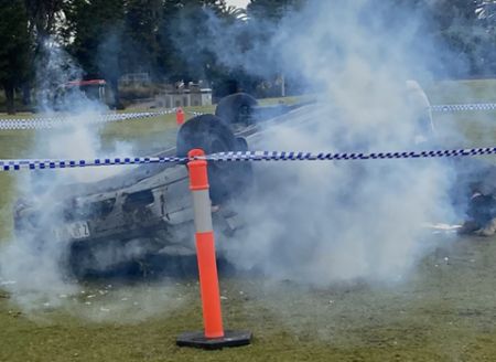 The lucky ones get caught St Kilda activation shows a crashed car with smoke billowing from it