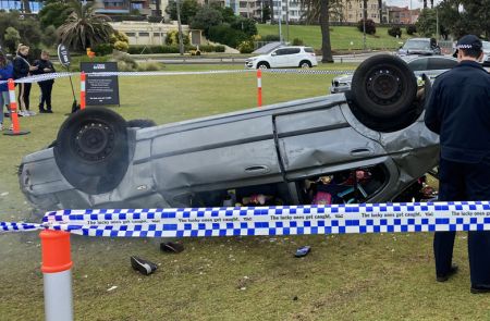 A close up of the crashed car activation at St Kilda