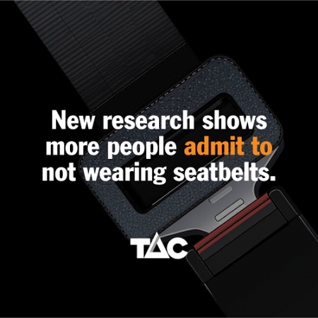 A dark coloured seatbelt in the background with the wording in white saying New research shows more people admit to not wearing seatbe3lts.